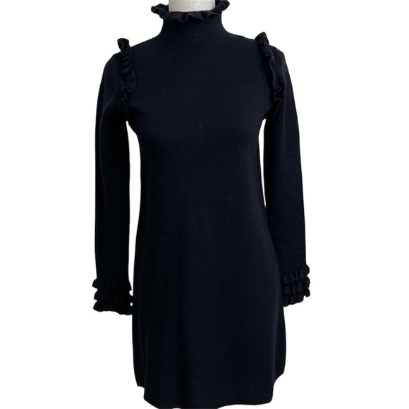 Zara Knit Sweater Dress Black Ruffle Turtleneck High Neck Cozy Size Medium - Picture 6 of 7